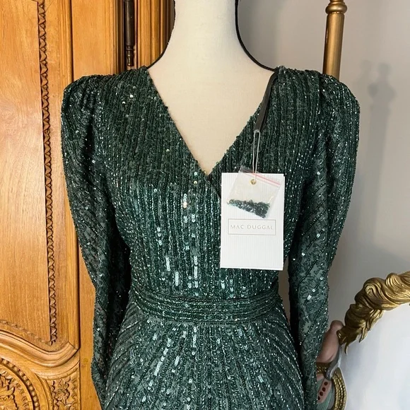 NEW Mac Duggal 93676 Bead Lace Long Sleeve Midi Dress Emerald Holiday Wicked - Picture 3 of 11